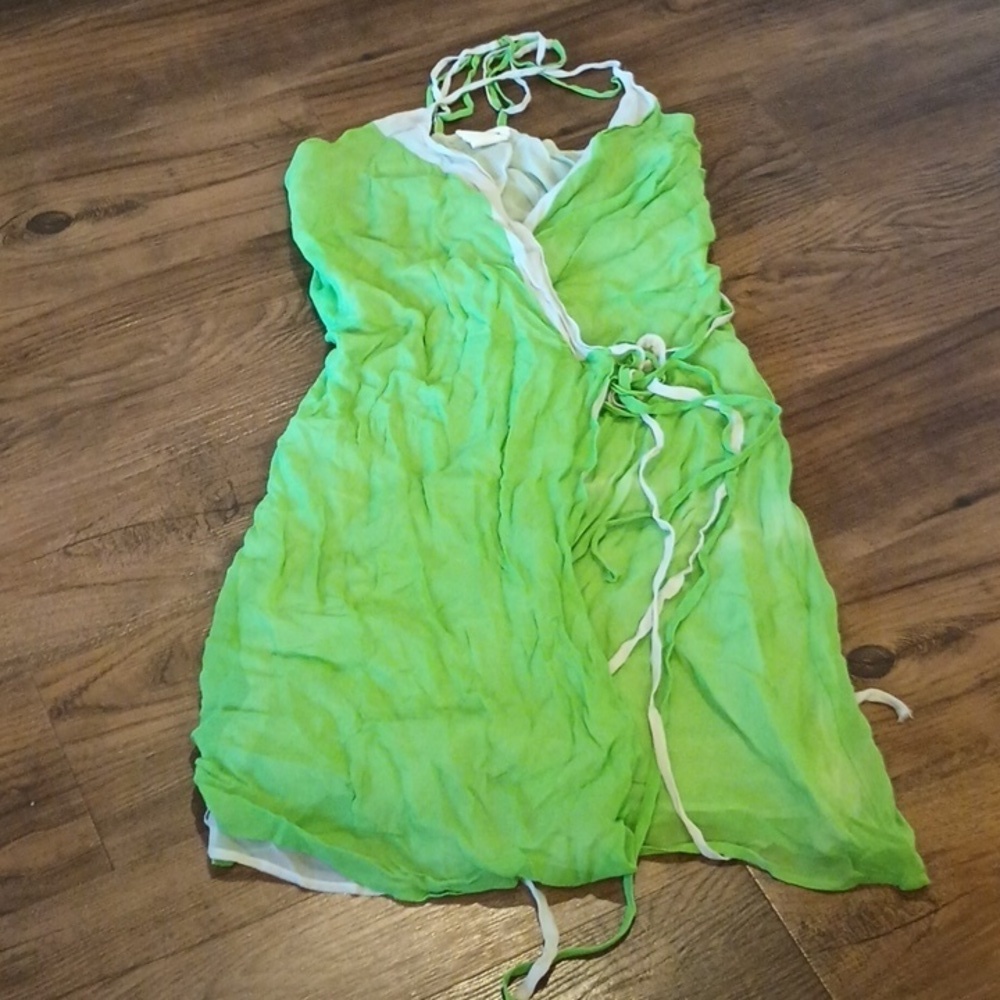 Gregory Strappy Green and Grey Silk Chiffon Wrap Mini Dress A5